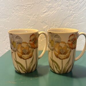 Floral Ceramic Mugs - Cream and Orange